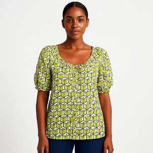 Cynthia Rowley Lime Geometric Puff Sleeve Blouse Top | Medium | New With Tags